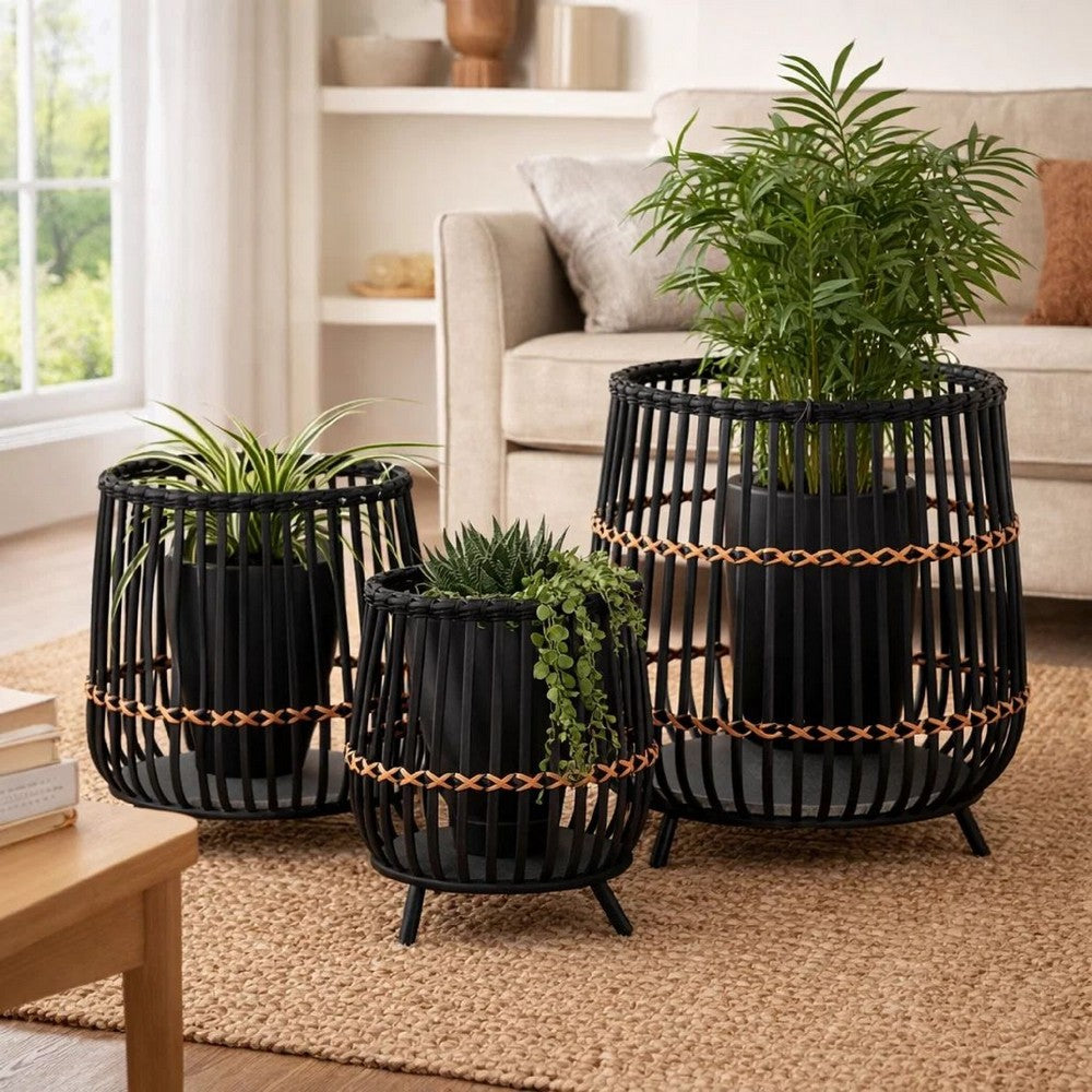 3pc Indoor Basket Planters with Metal Stands | Bohemian Black Bamboo