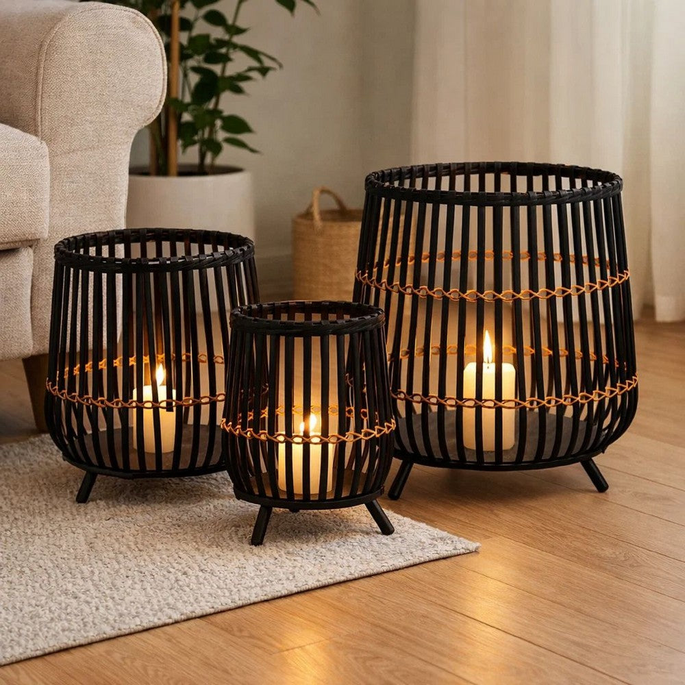 3pc Indoor Basket Planters with Metal Stands | Bohemian Black Bamboo
