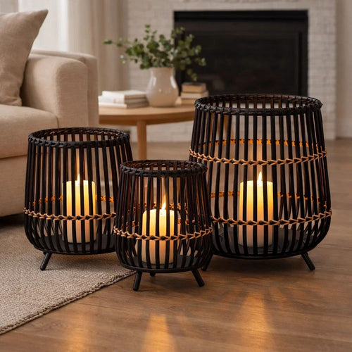 3pc Indoor Basket Planters with Metal Stands | Bohemian Black Bamboo