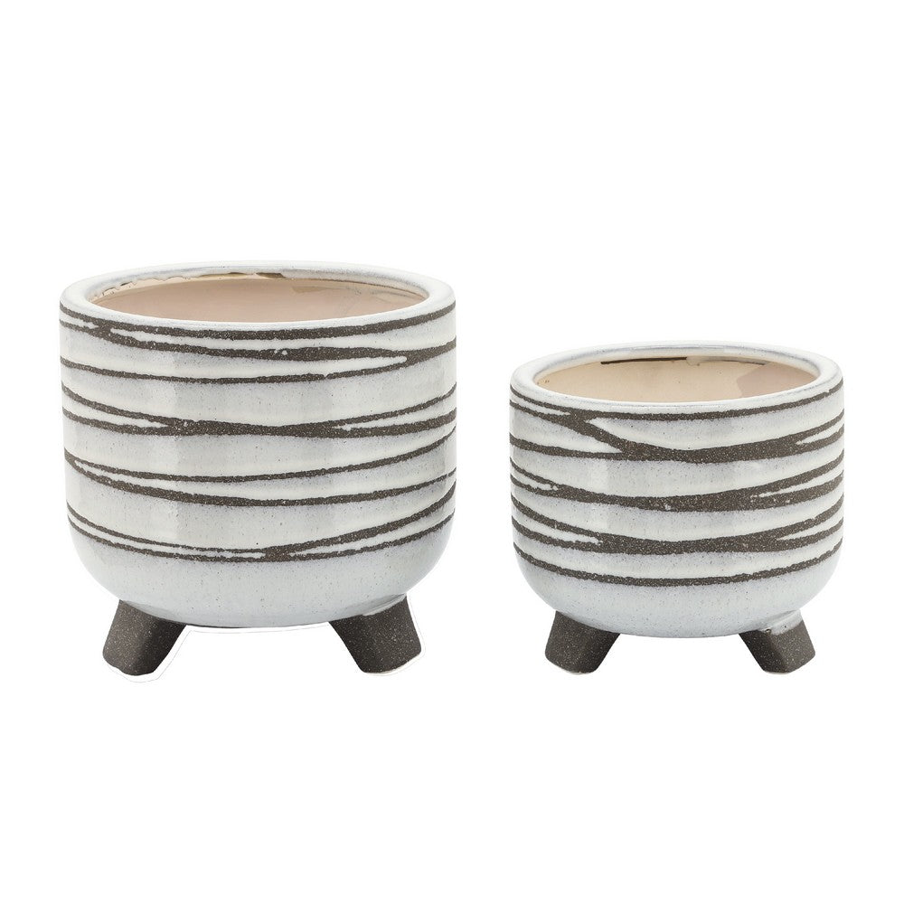 Indoor Planter Set of 2 | Footed Base | Textured Line White Ceramic