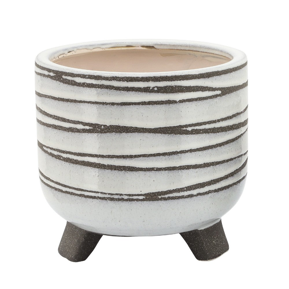 Indoor Planter Set of 2 | Footed Base | Textured Line White Ceramic