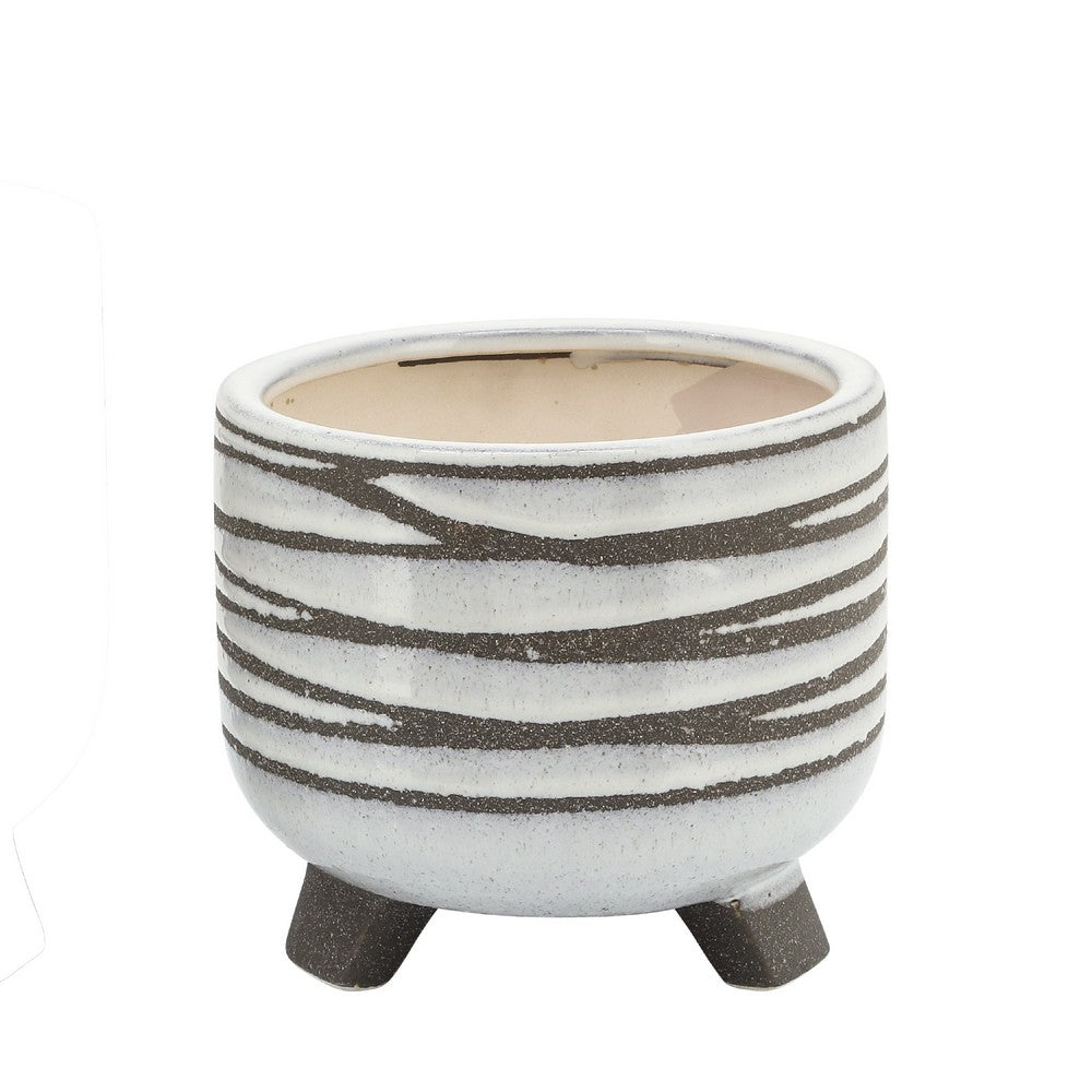 Indoor Planter Set of 2 | Footed Base | Textured Line White Ceramic
