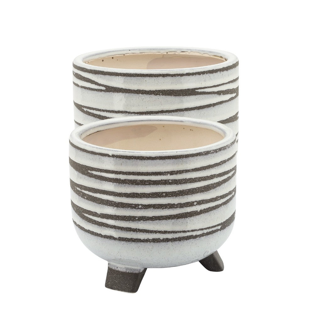 Indoor Planter Set of 2 | Footed Base | Textured Line White Ceramic