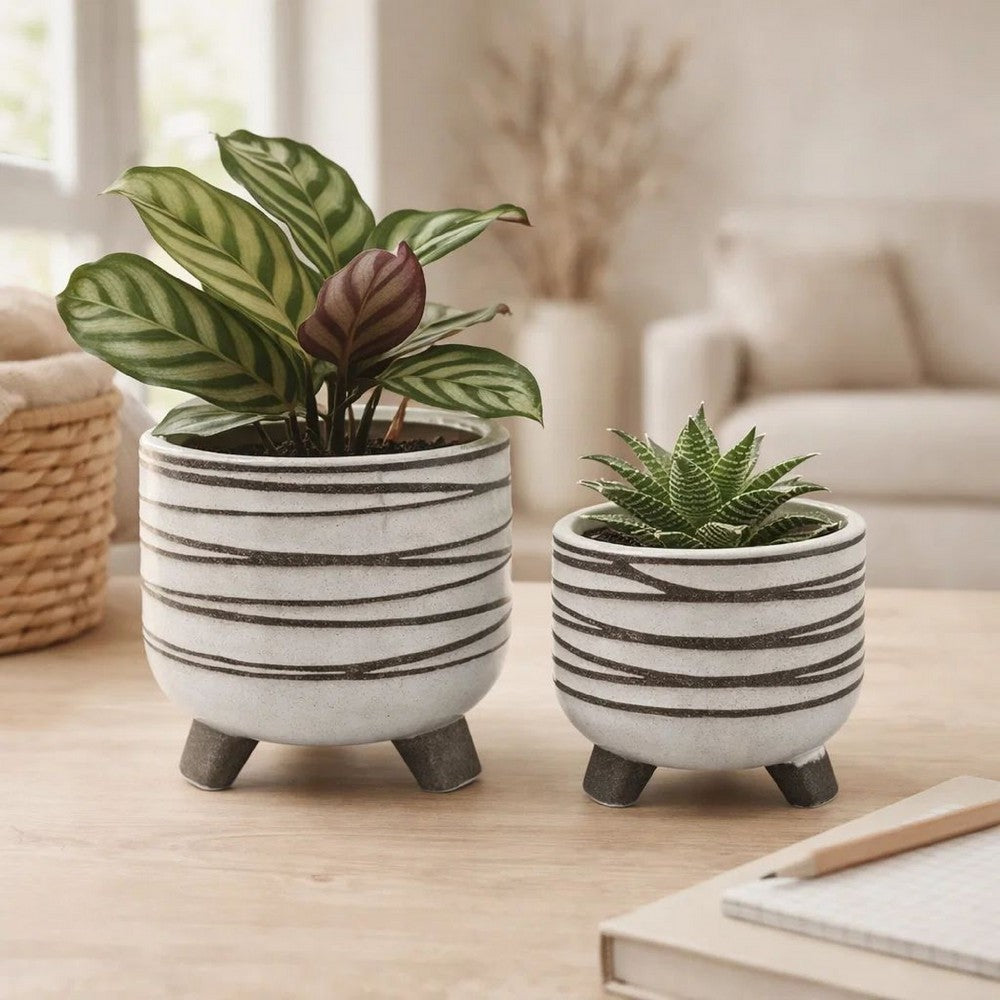Indoor Planter Set of 2 | Footed Base | Textured Line White Ceramic