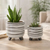 Indoor Planter Set of 2 | Footed Base | Textured Line White Ceramic