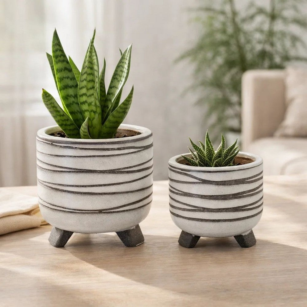 Indoor Planter Set of 2 | Footed Base | Textured Line White Ceramic