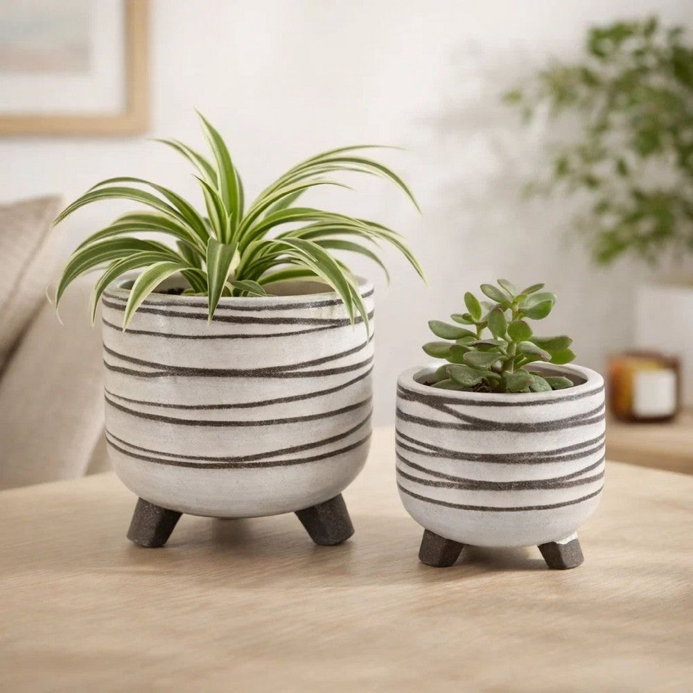 Indoor Planter Set of 2 | Footed Base | Textured Line White Ceramic