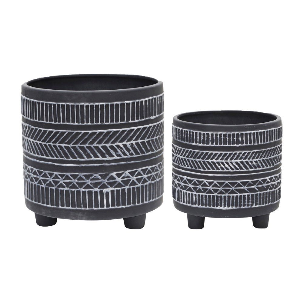 Indoor Planter Set of 2 | Footed Base | Gray & White Tribal Art Print