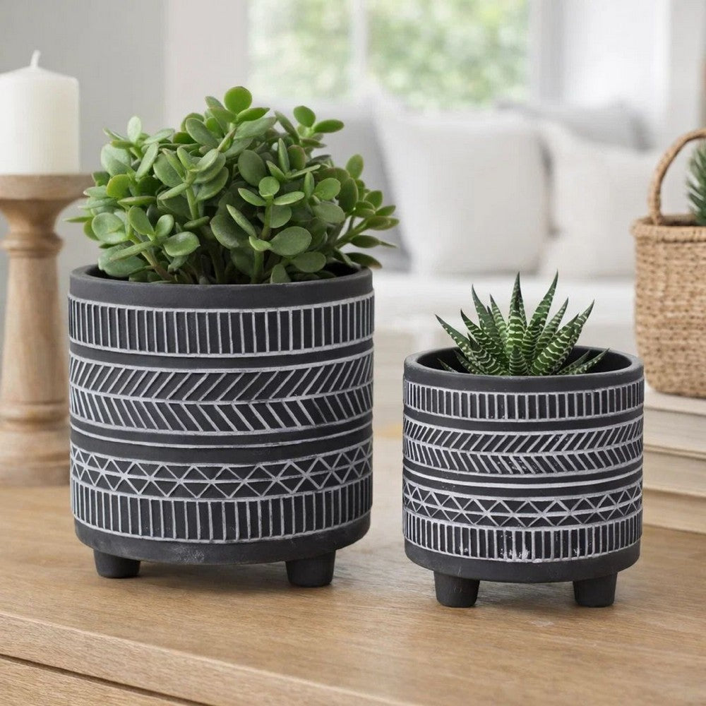 Indoor Planter Set of 2 | Footed Base | Gray & White Tribal Art Print