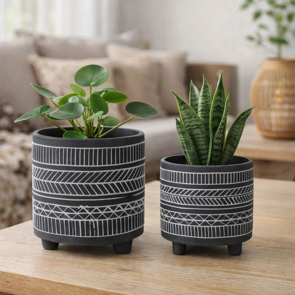 Indoor Planter Set of 2 | Footed Base | Gray & White Tribal Art Print