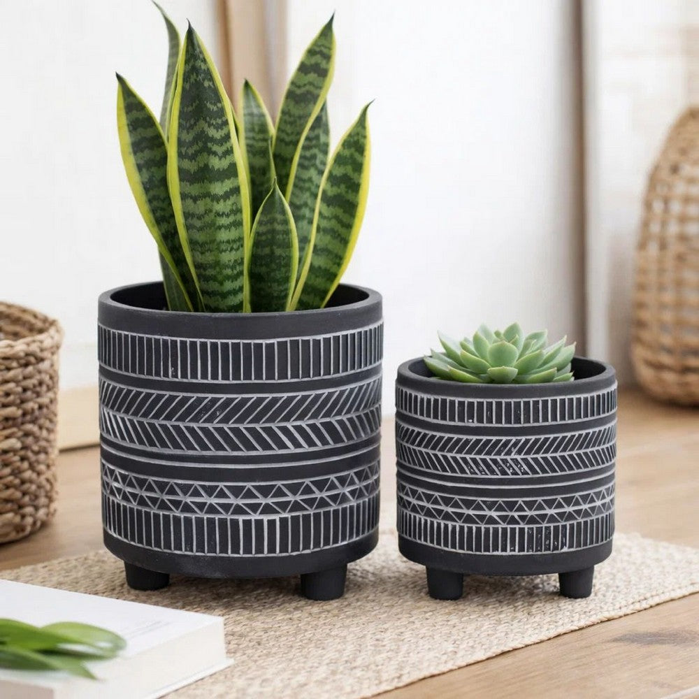 Indoor Planter Set of 2 | Footed Base | Gray & White Tribal Art Print