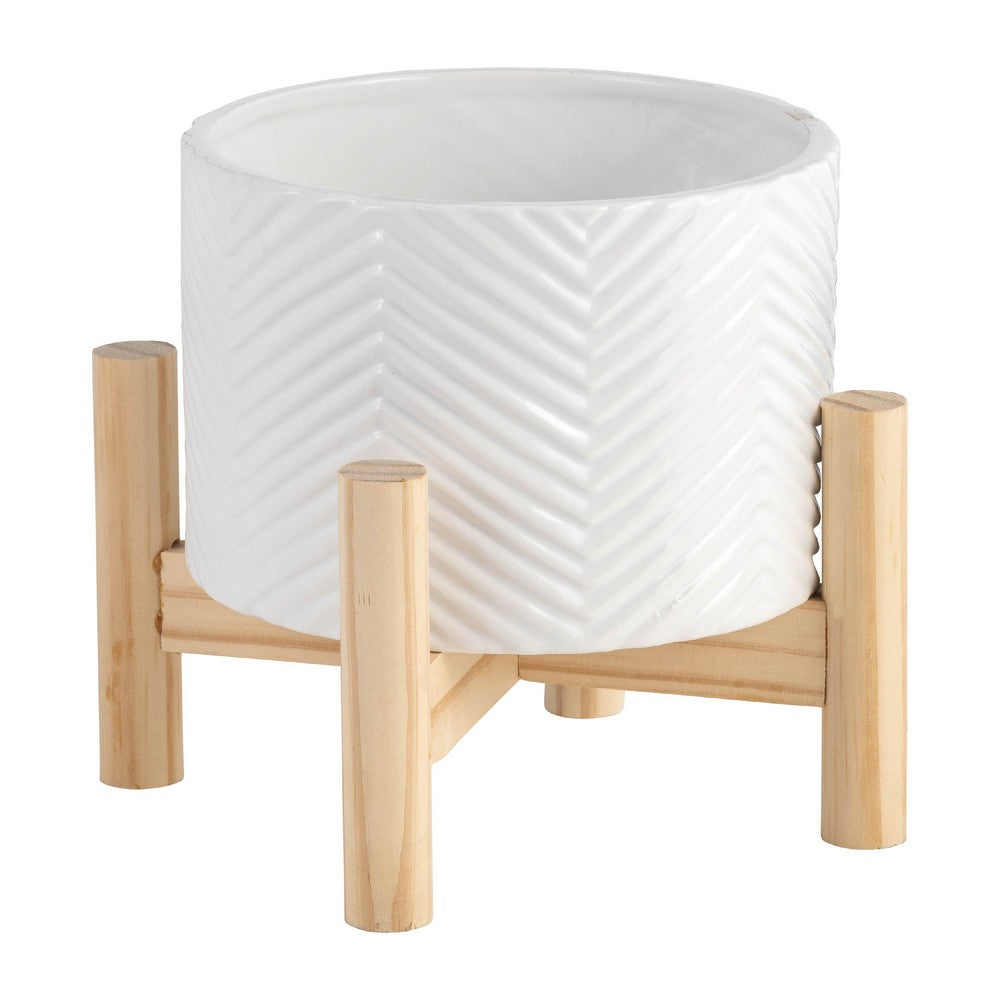 Indoor Garden Planter with Wood Stand | White Chevron Pattern 6"