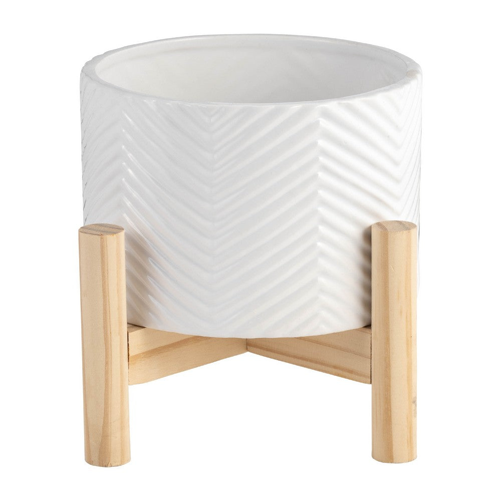 Indoor Garden Planter with Wood Stand | White Chevron Pattern 6"