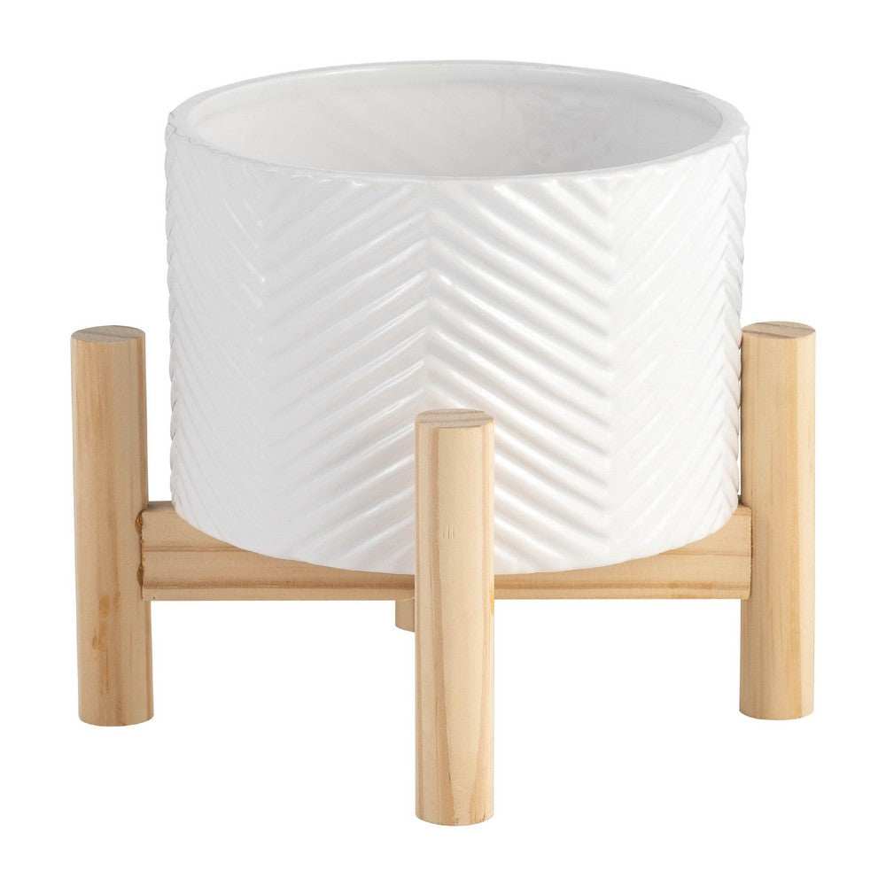 Indoor Garden Planter with Wood Stand | White Chevron Pattern 6"