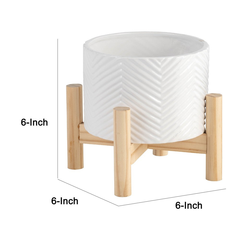 Indoor Garden Planter with Wood Stand | White Chevron Pattern 6"