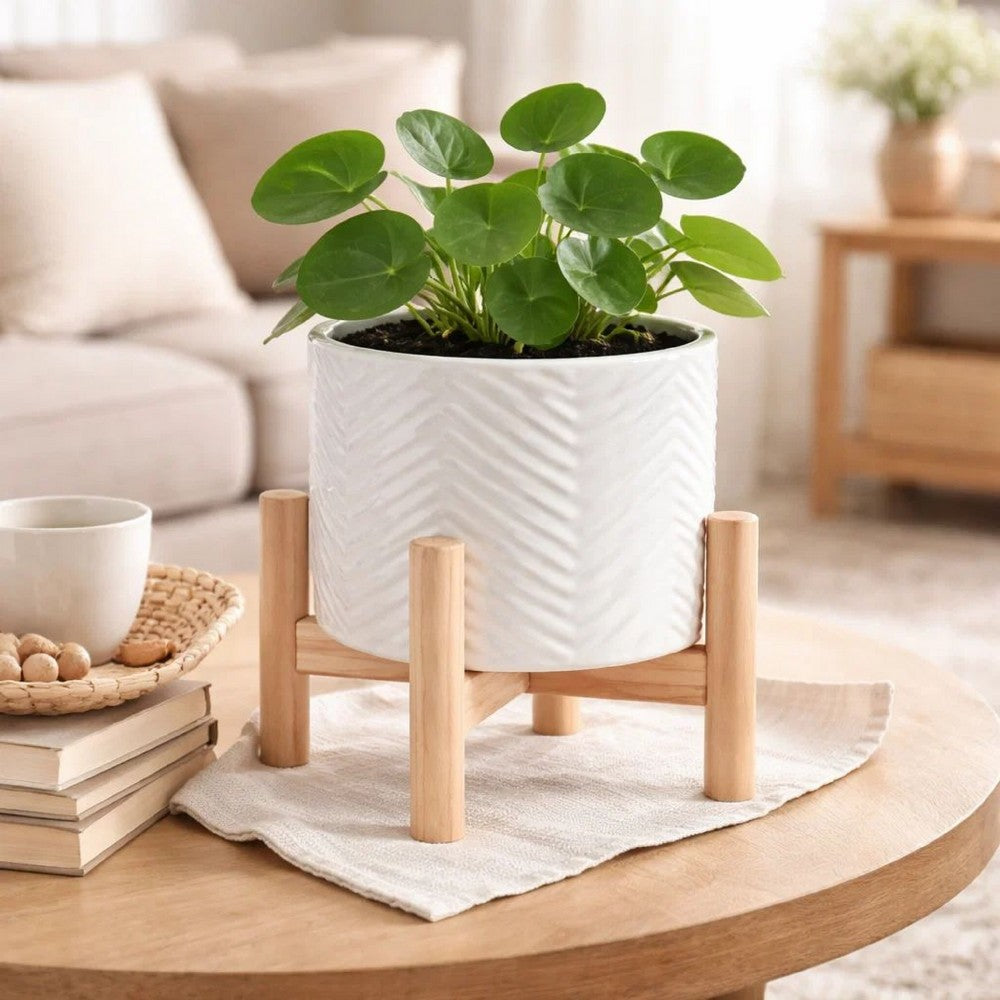 Indoor Garden Planter with Wood Stand | White Chevron Pattern 6"