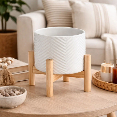 Indoor Garden Planter with Wood Stand | White Chevron Pattern 6"