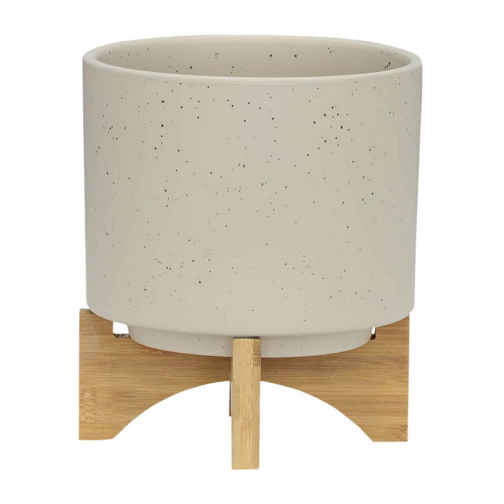 Outdoor Garden Planters Set of 2 | Wood Stands | Speckled Beige | 9"