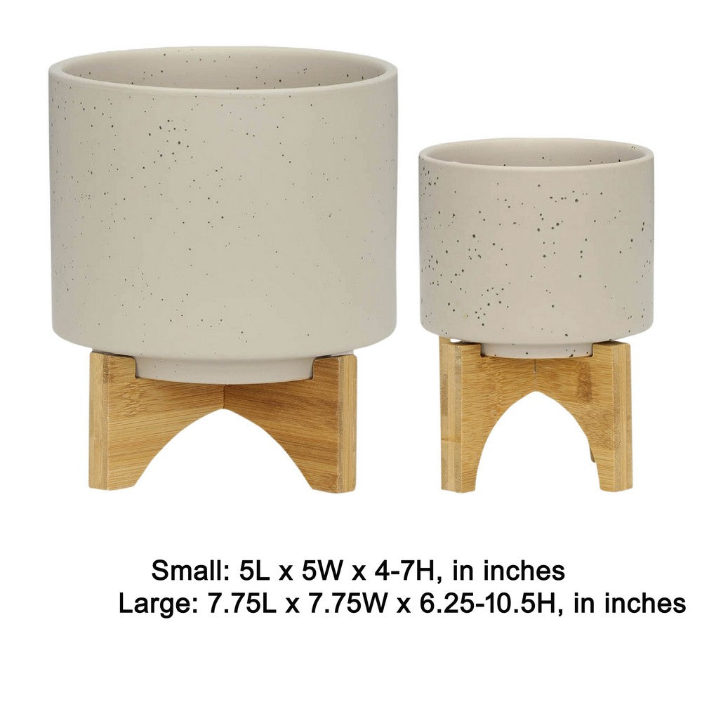Outdoor Garden Planters Set of 2 | Wood Stands | Speckled Beige | 9"