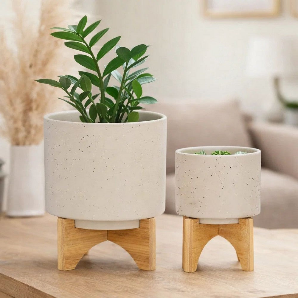 Outdoor Garden Planters Set of 2 | Wood Stands | Speckled Beige | 9"
