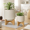 Outdoor Garden Planters Set of 2 | Wood Stands | Speckled Beige | 9"