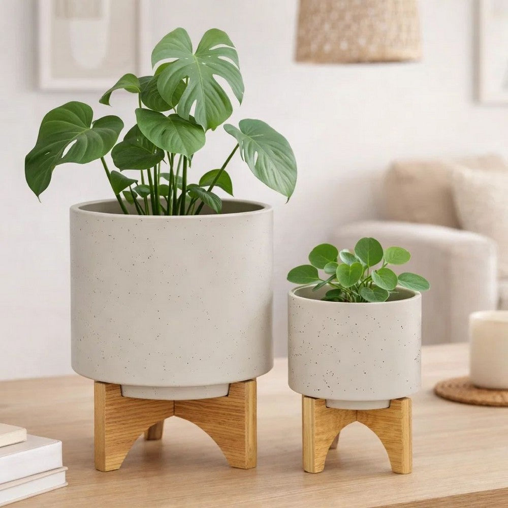 Outdoor Garden Planters Set of 2 | Wood Stands | Speckled Beige | 9"