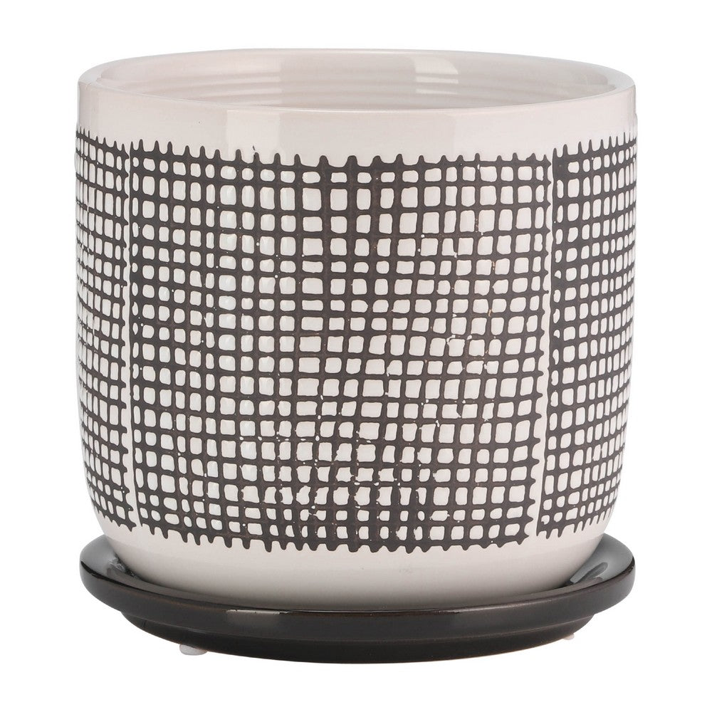 Indoor Mesh Planter with Saucer | 6" White Gray Textured Ceramic