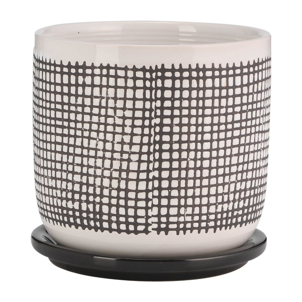 Indoor Mesh Planter with Saucer | 6" White Gray Textured Ceramic