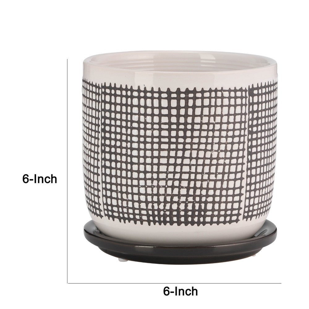 Indoor Mesh Planter with Saucer | 6" White Gray Textured Ceramic