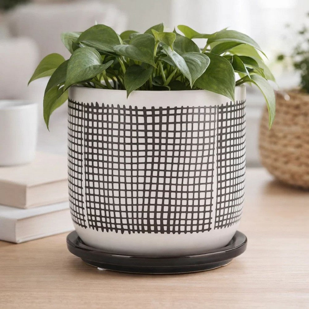 Indoor Mesh Planter with Saucer | 6" White Gray Textured Ceramic