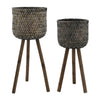 Set of 2 Flower Planters on Tripod Stands | Black & Brown Bamboo Weave