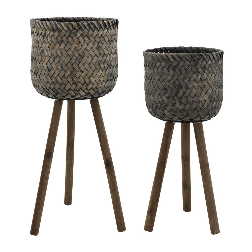 Set of 2 Flower Planters on Tripod Stands | Black & Brown Bamboo Weave