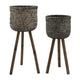 Set of 2 Flower Planters on Tripod Stands | Black & Brown Bamboo Weave