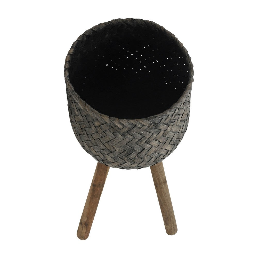 Set of 2 Flower Planters on Tripod Stands | Black & Brown Bamboo Weave