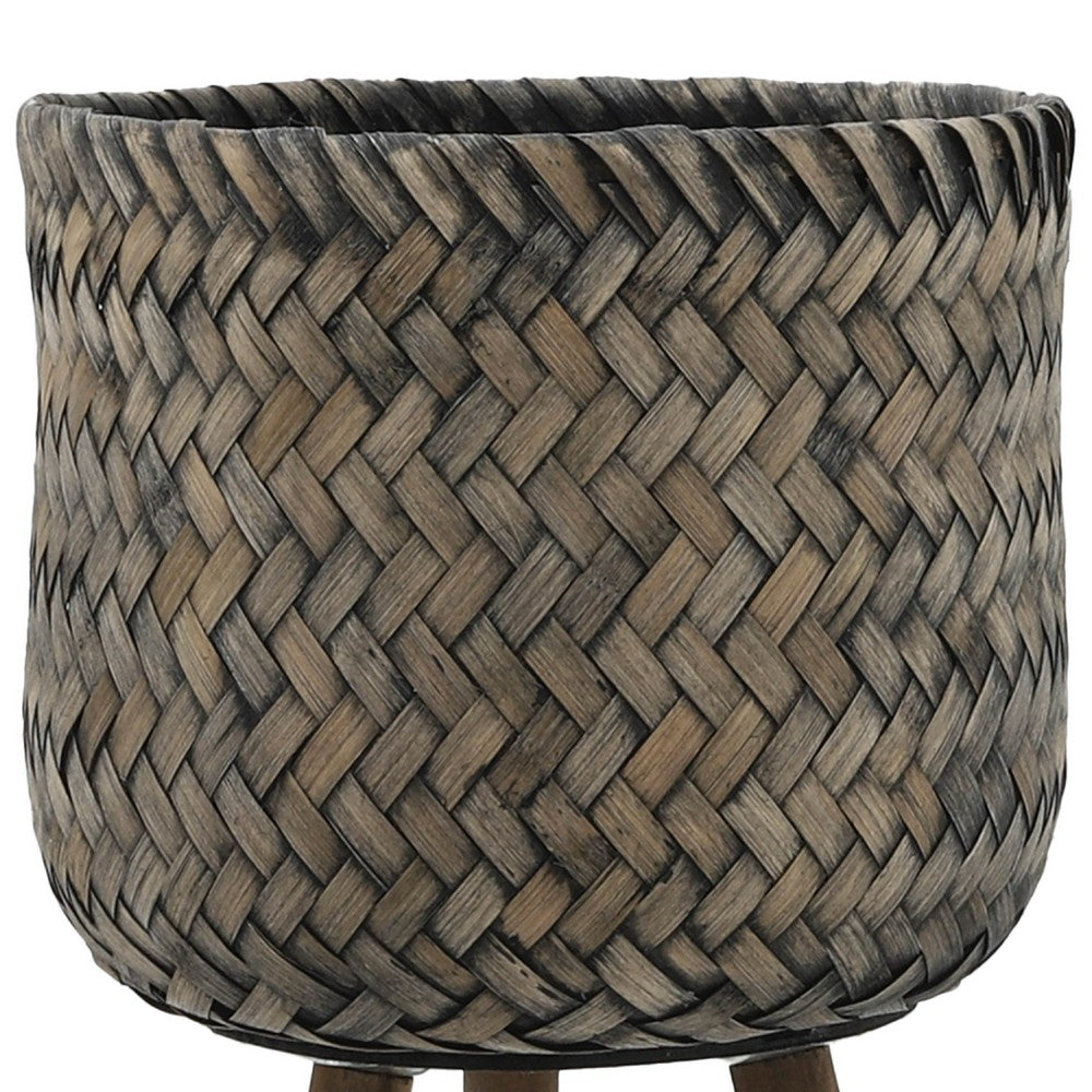Set of 2 Flower Planters on Tripod Stands | Black & Brown Bamboo Weave