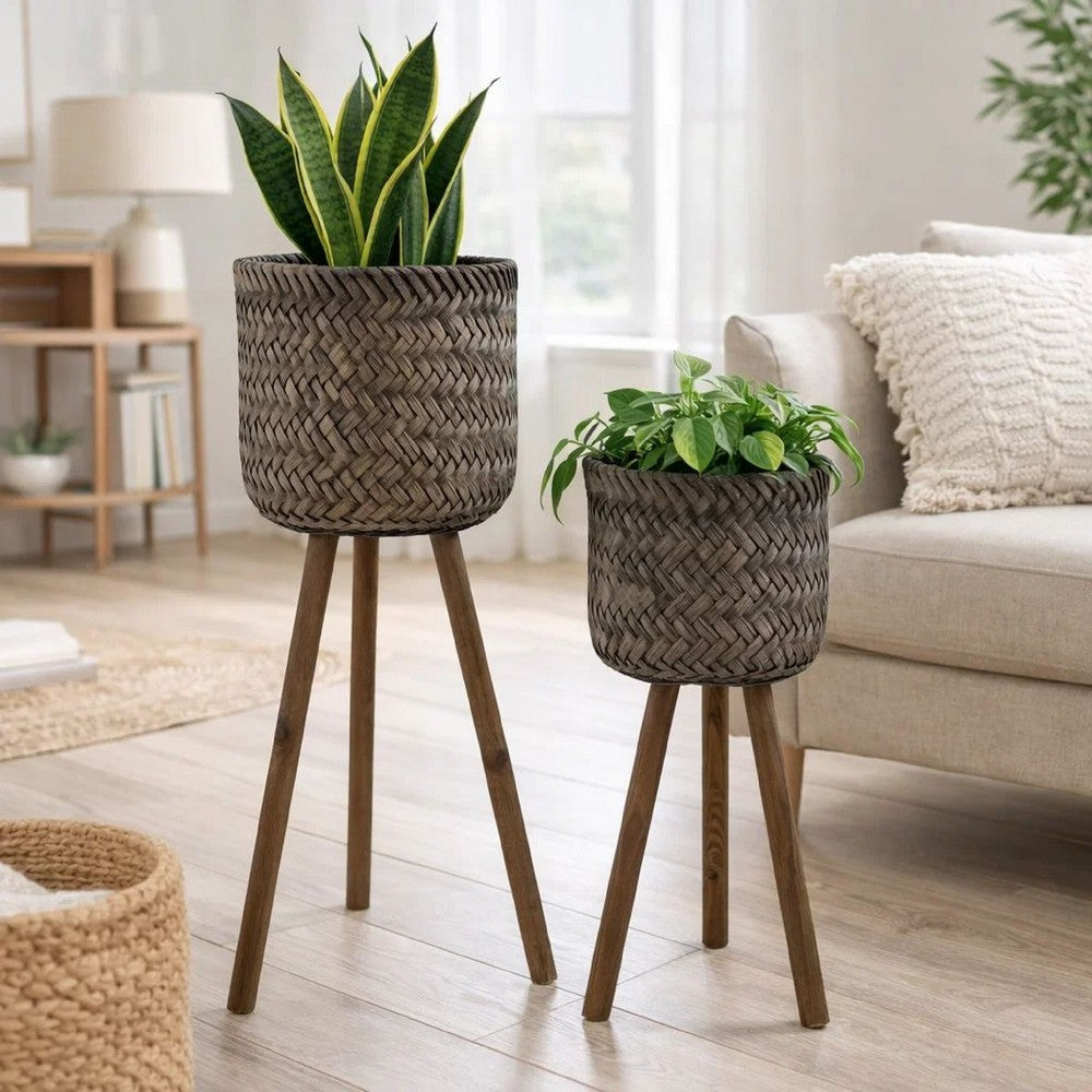 Set of 2 Flower Planters on Tripod Stands | Black & Brown Bamboo Weave