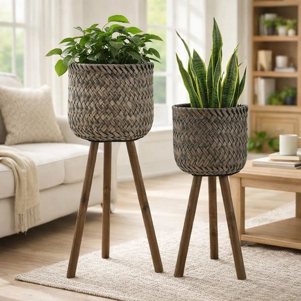 Set of 2 Flower Planters on Tripod Stands | Black & Brown Bamboo Weave