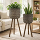 Set of 2 Flower Planters on Tripod Stands | Black & Brown Bamboo Weave