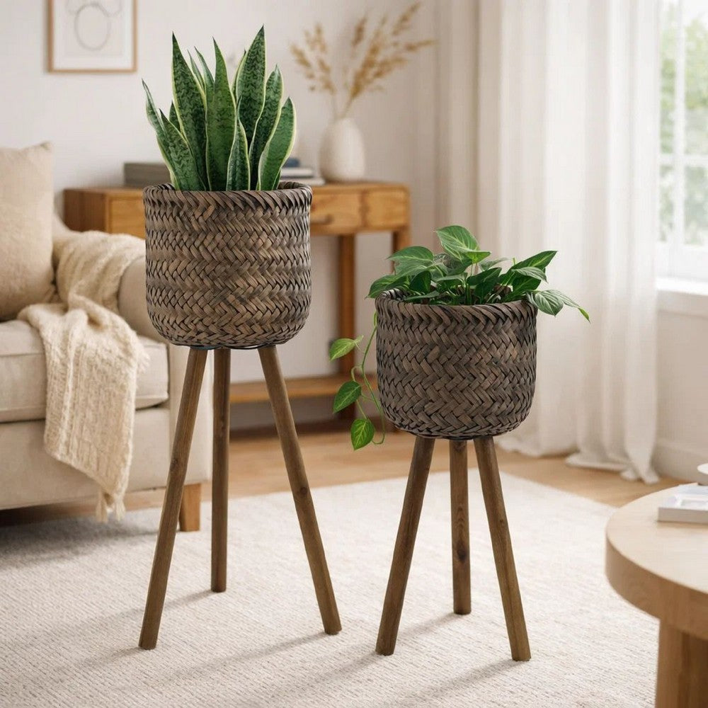 Set of 2 Flower Planters on Tripod Stands | Black & Brown Bamboo Weave