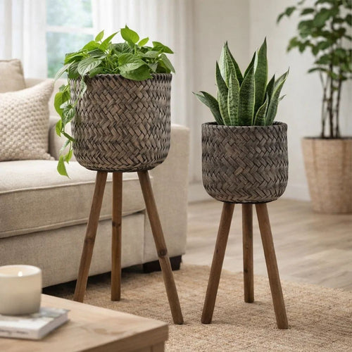 Set of 2 Flower Planters on Tripod Stands | Black & Brown Bamboo Weave