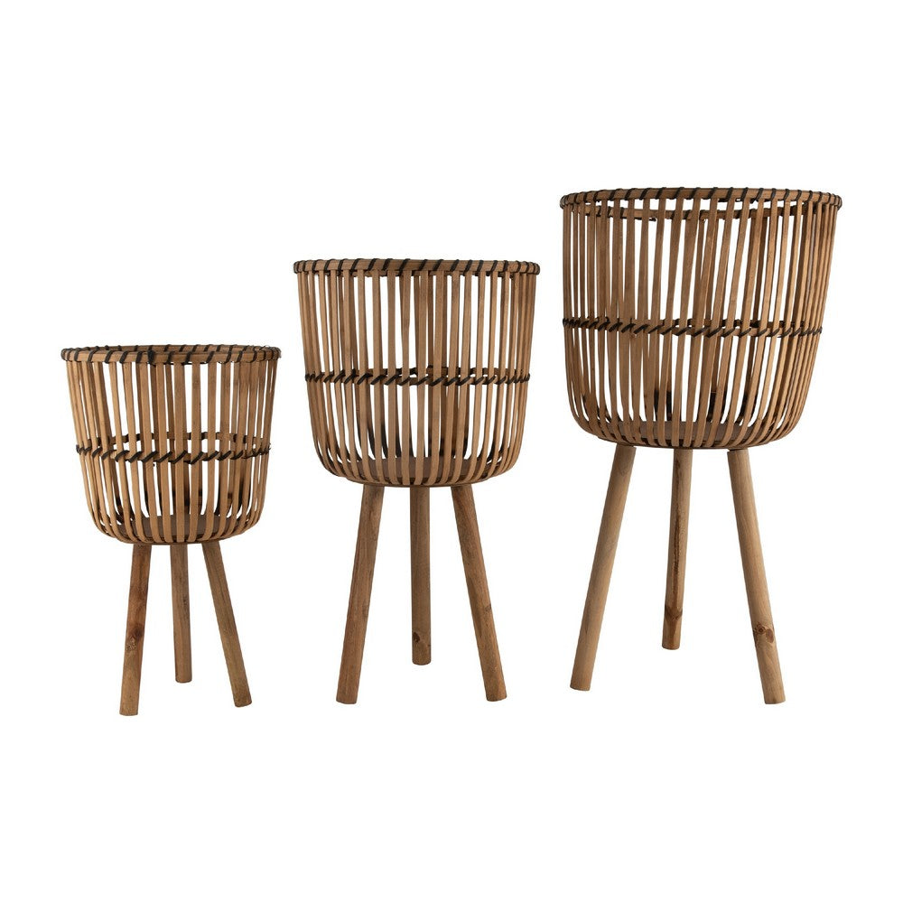 Set of 3 Flower Planters on Tripod Stands | Brown Bamboo Netting Weave