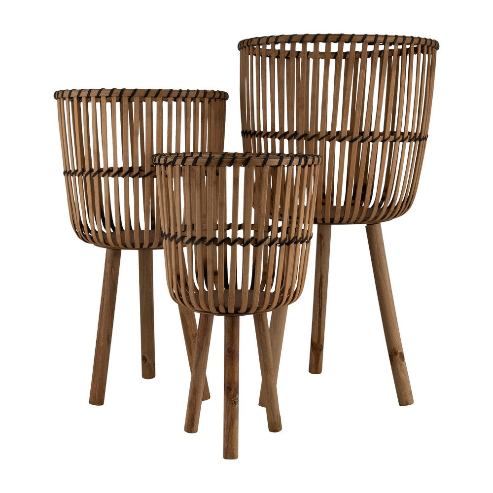 Set of 3 Flower Planters on Tripod Stands | Brown Bamboo Netting Weave