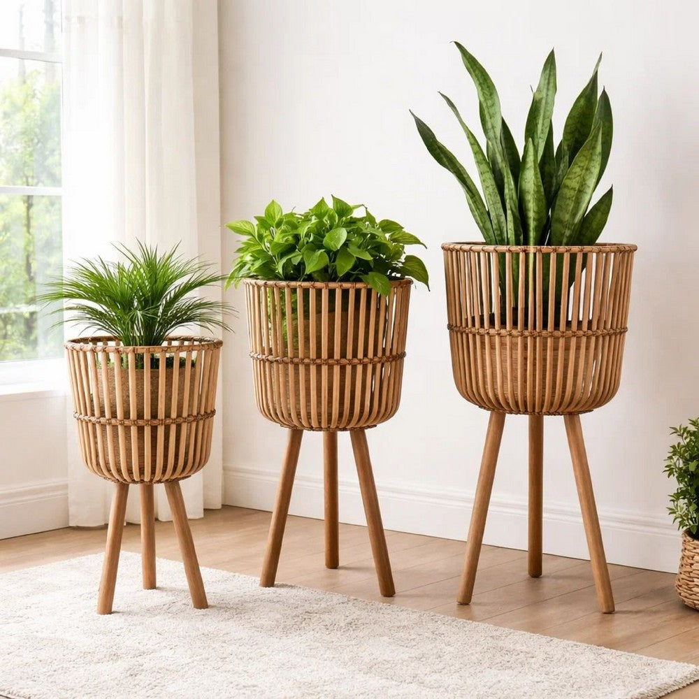 Set of 3 Flower Planters on Tripod Stands | Brown Bamboo Netting Weave