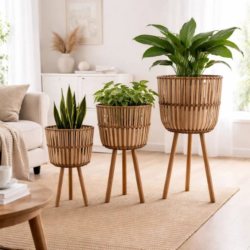 Set of 3 Flower Planters on Tripod Stands | Brown Bamboo Netting Weave