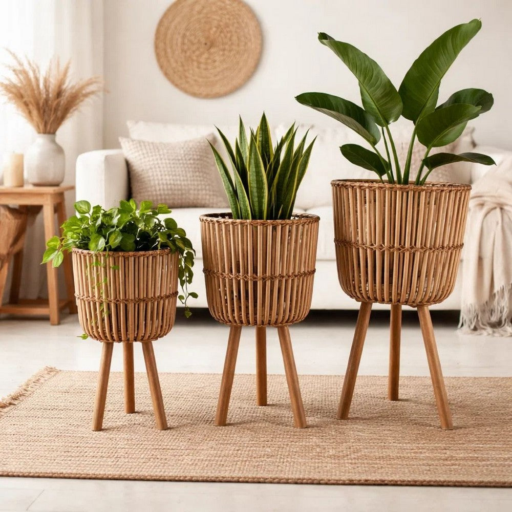 Set of 3 Flower Planters on Tripod Stands | Brown Bamboo Netting Weave