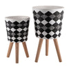 Planter on Tripod Stand Set of 2 | Black White Diamond Pattern 10/12"