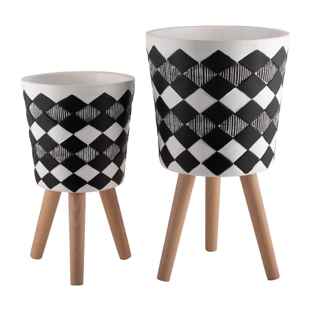 Planter on Tripod Stand Set of 2 | Black White Diamond Pattern 10/12"