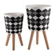 Planter on Tripod Stand Set of 2 | Black White Diamond Pattern 10/12"