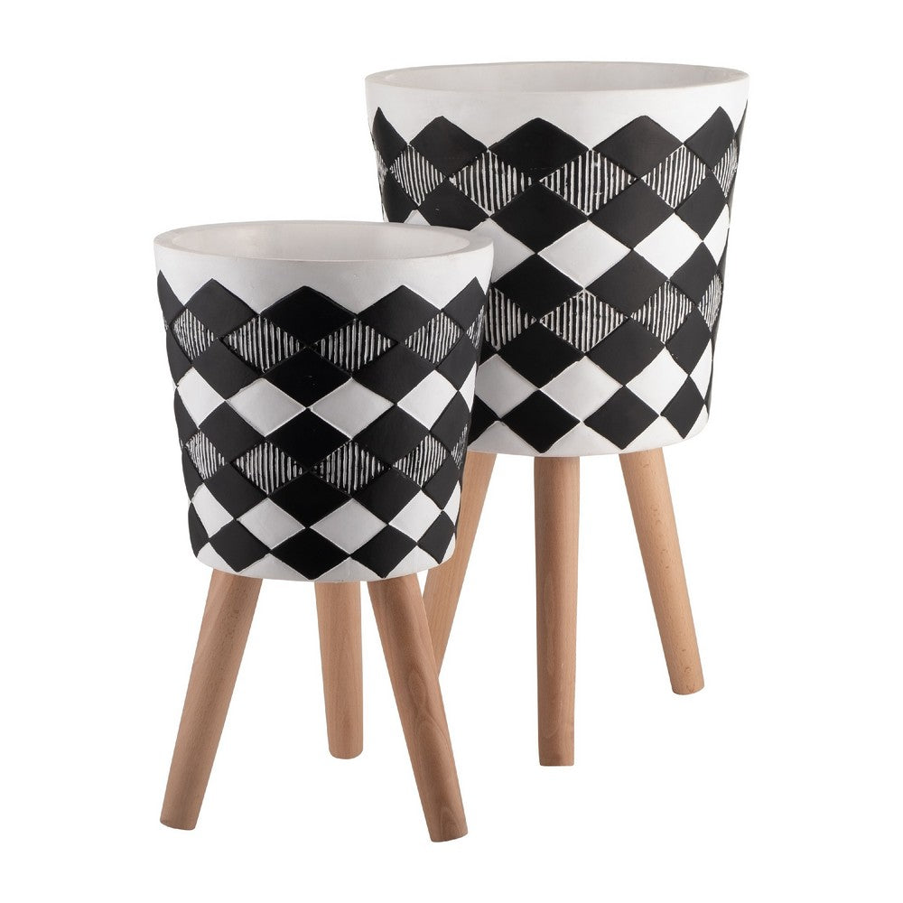 Planter on Tripod Stand Set of 2 | Black White Diamond Pattern 10/12"