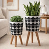 Planter on Tripod Stand Set of 2 | Black White Diamond Pattern 10/12"